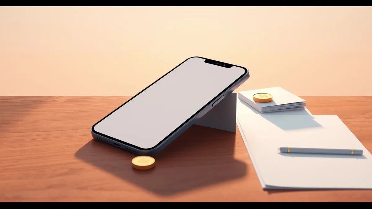 Illustration: A sleek smartphone displays a blank digital interface with abstract geometric shapes, resting on a polished wooden desk next to a single golden coin and a minimalist 
