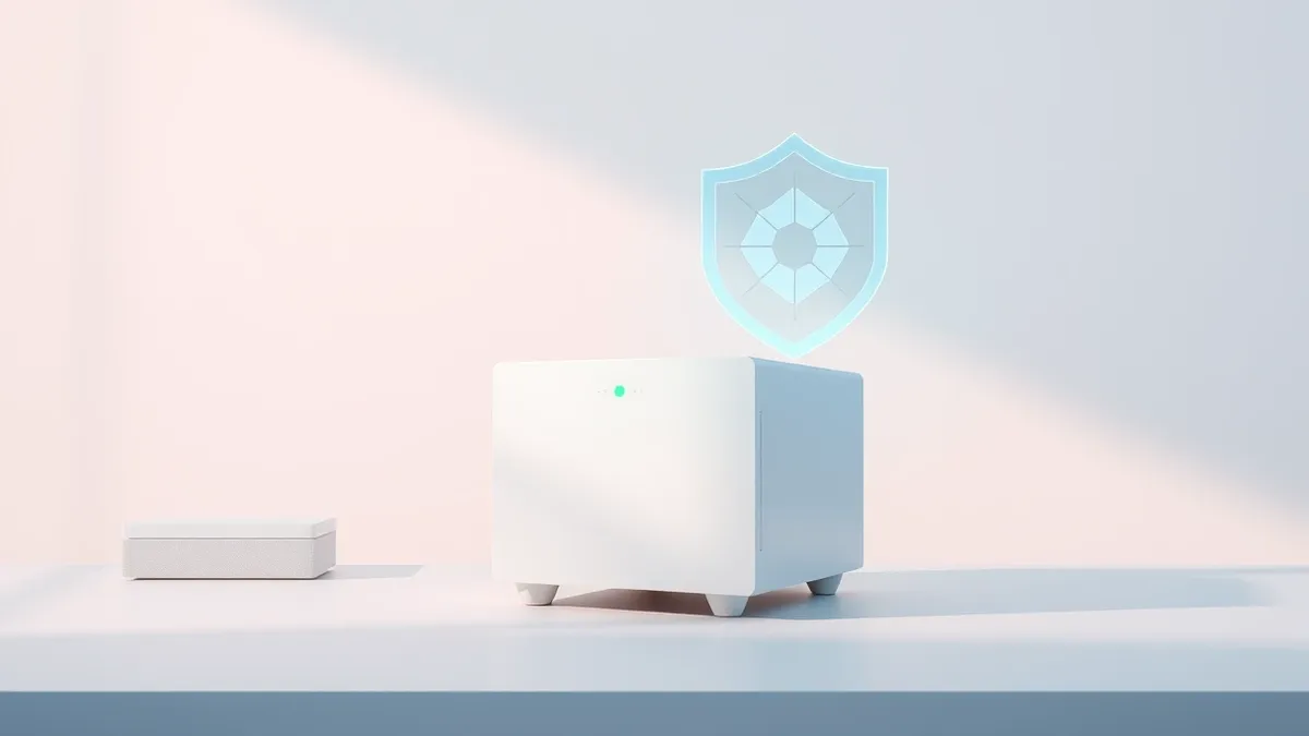 Illustration: A sleek white hardware enclosure sits on a clean desk surface, its front panel featuring a single illuminated green status light.