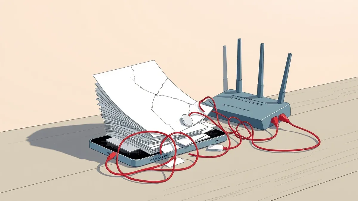 Illustration: A stack of blank paper forms spills from a cracked smartphone screen onto a wooden desk, while tangled red wires connect the device to a dusty router in the corner, s