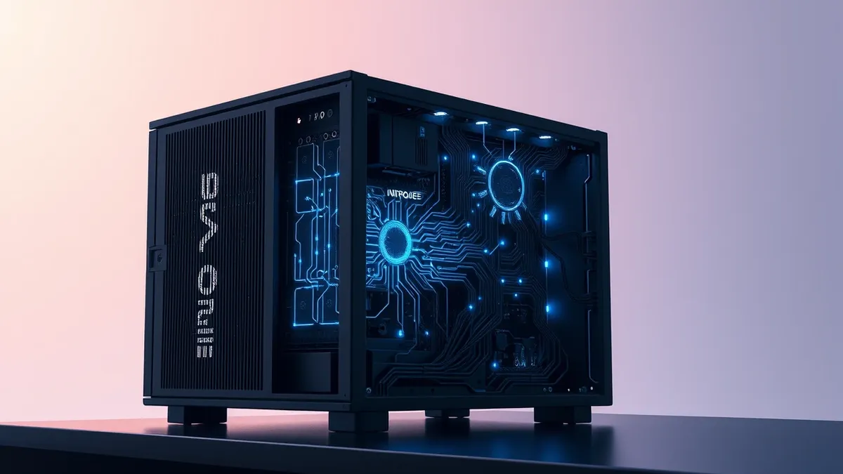 Illustration: A sleek black server unit sits on a dark desk, its side panel removed to expose intricate circuit boards.