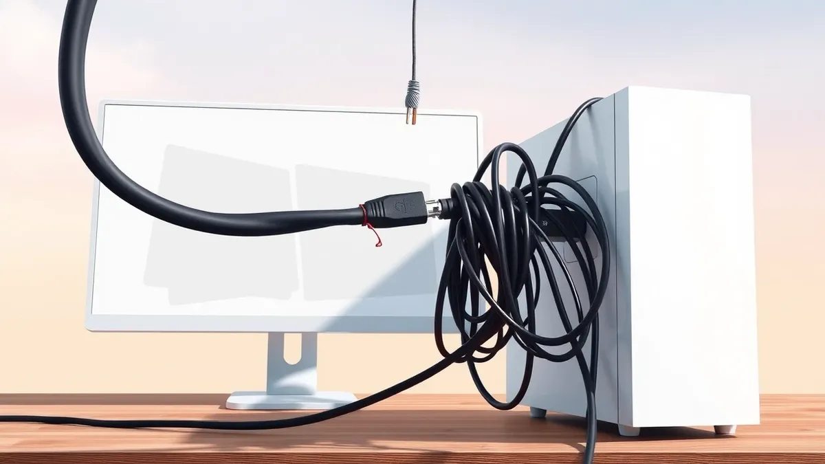 Illustration: A tangled knot of black cables snakes into the power port of a white desktop tower.