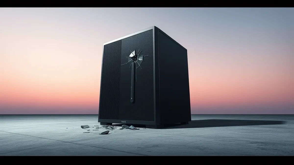 Illustration: A sleek black server tower sits isolated on a concrete floor, its front panel marked by a single cracked component.