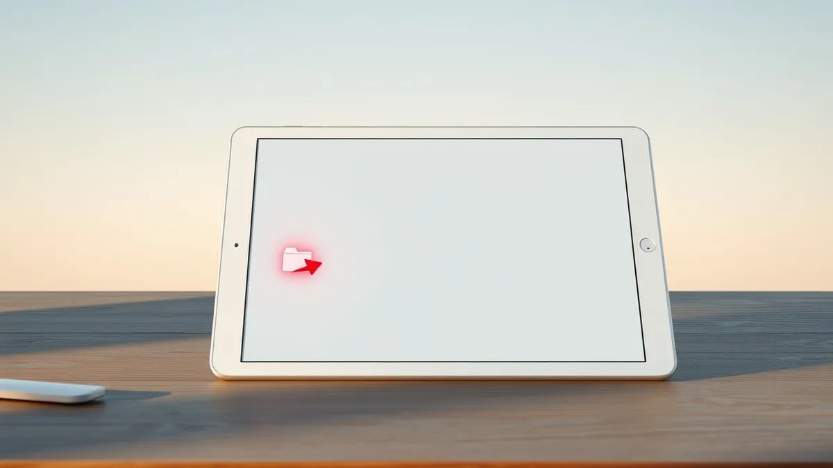 Illustration: A sleek white educational tablet rests on a wooden desk, its screen displaying a simple file directory tree.