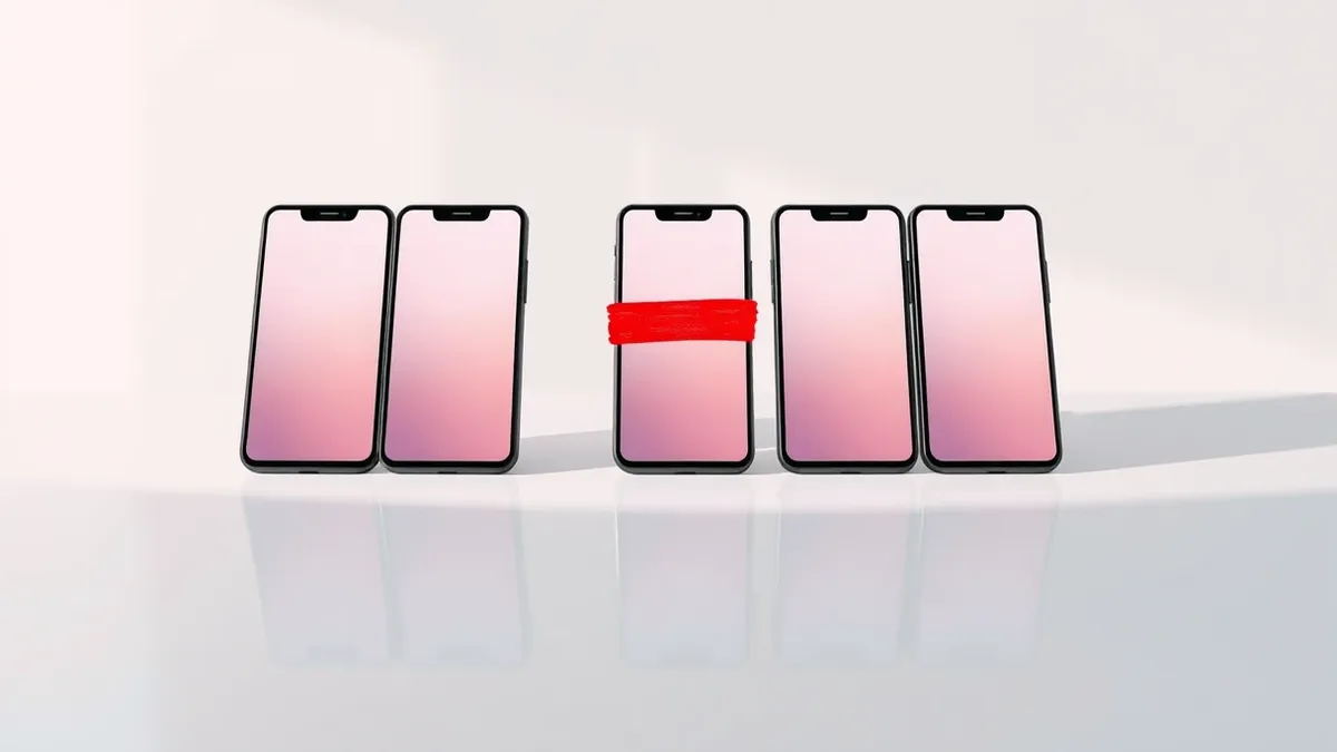 Illustration: A row of five sleek black smartphones sits on a polished white table.