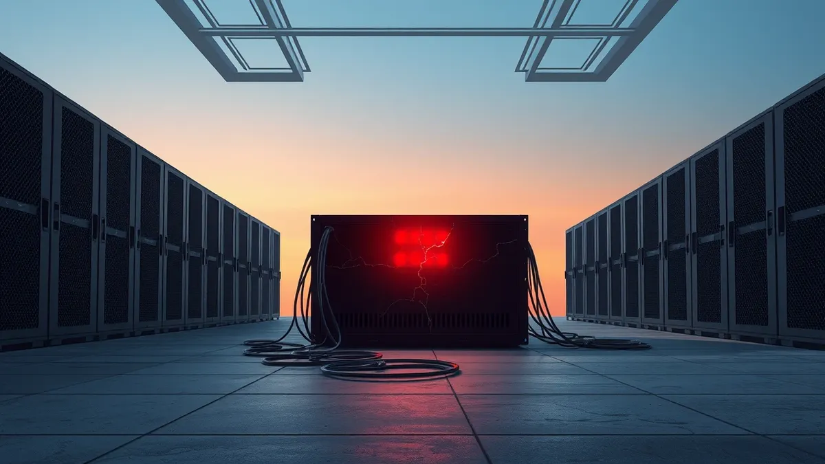 Illustration: A dark server room contains a single black rack-mounted unit with a cracked front panel.