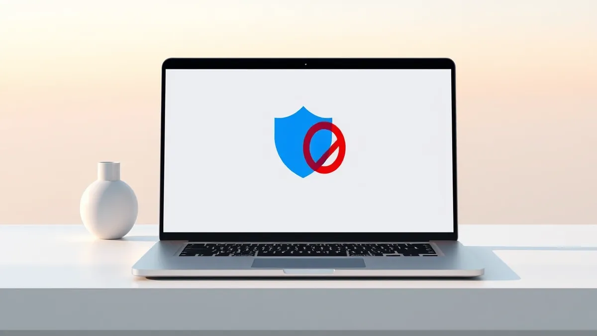 Illustration: A sleek silver laptop sits on a clean white desk with a browser window displaying an abstract blue shield icon next to a red circle with a diagonal line through it, s
