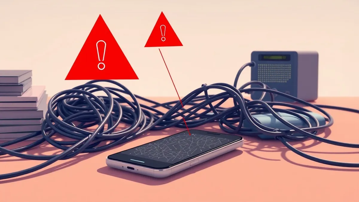 Illustration: A smartphone rests on a cluttered desk beside a tangled knot of ethernet cables.