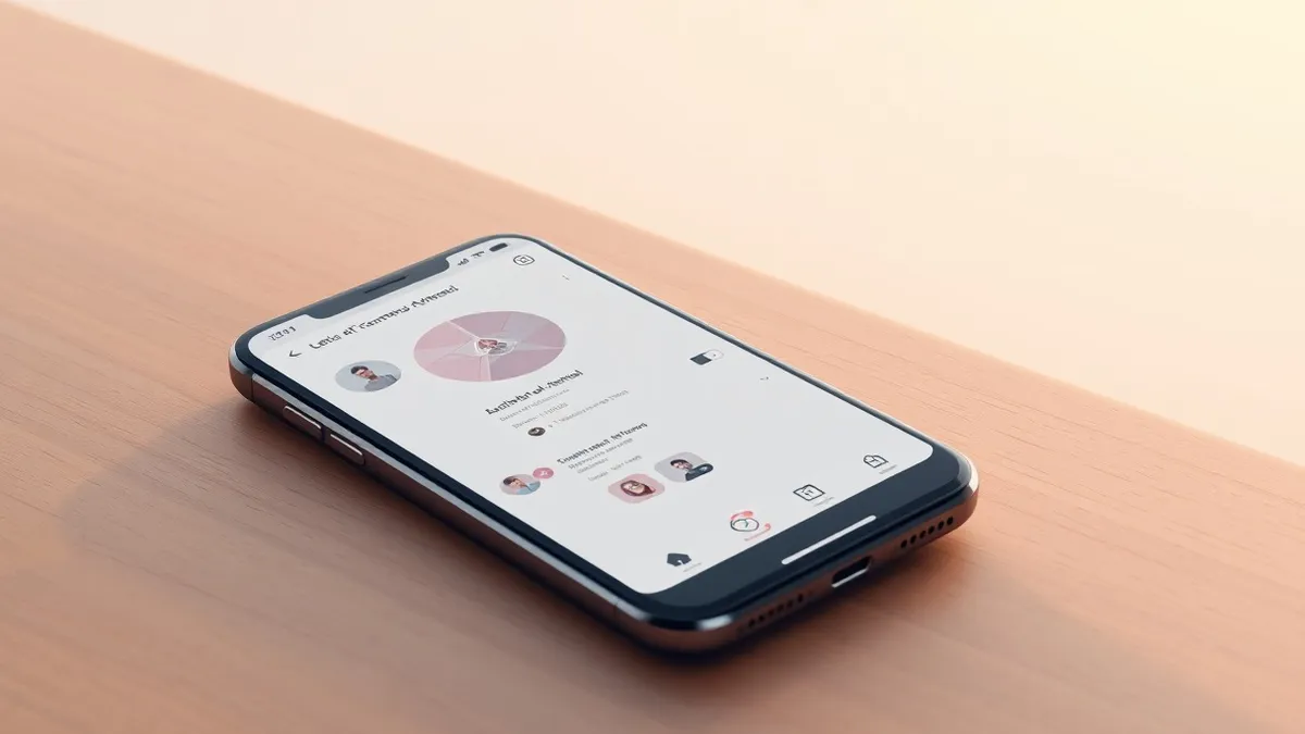 Illustration: A sleek smartphone rests on a wooden desk, its screen displaying a social media interface with abstract geometric icons representing AI threads.