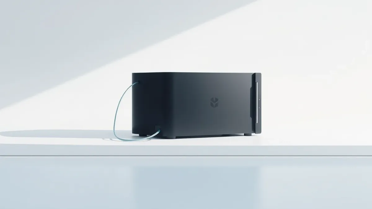 Illustration: A sleek, matte-black server chassis sits on a clean white desk.