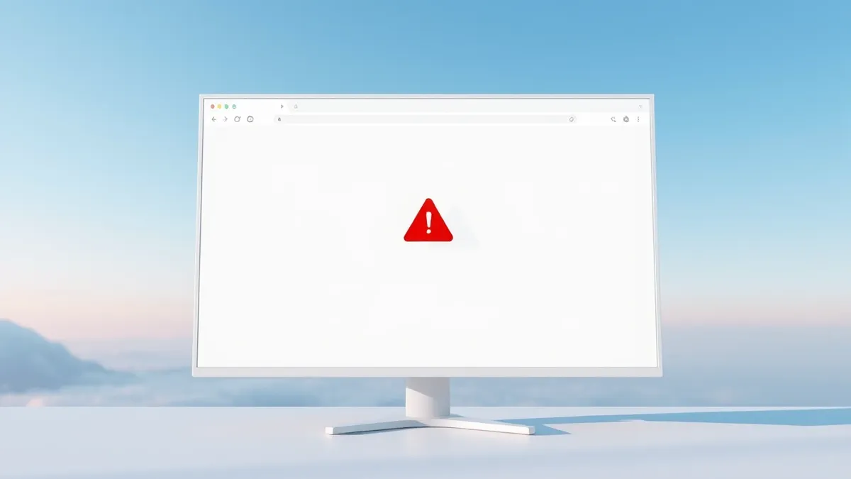 Illustration: A clean white monitor displays a blank web browser window with a generic blue navigation bar and an empty content area.