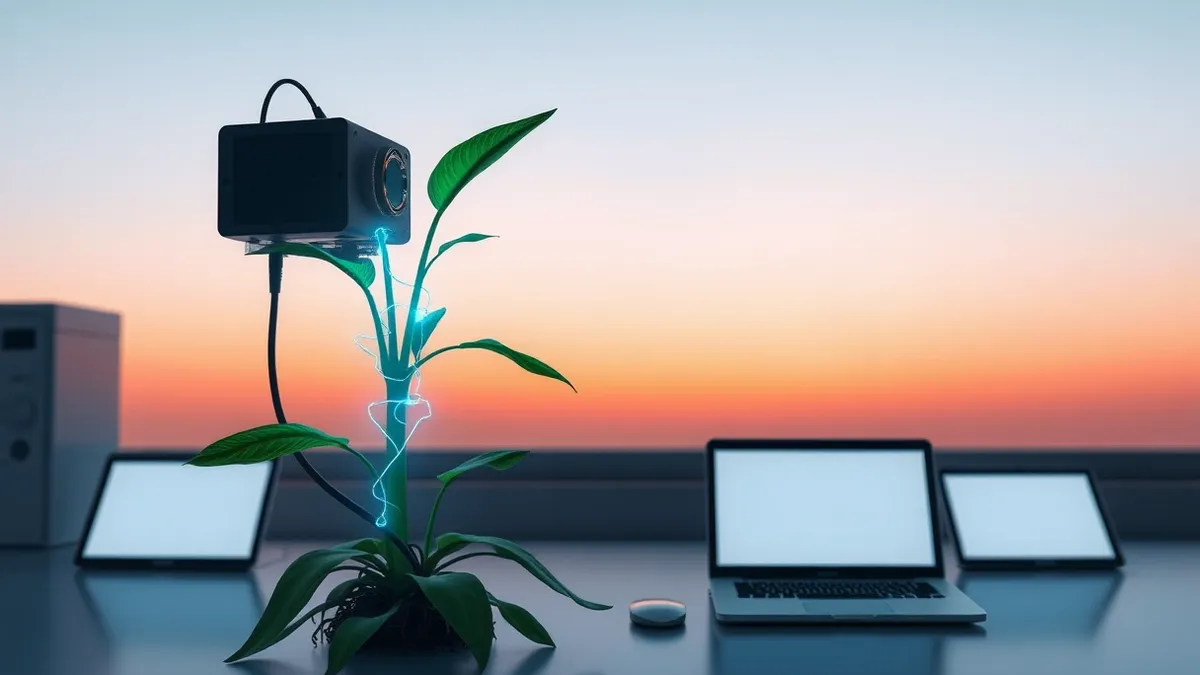 Illustration: A sleek sensor clamps onto a green plant stem.