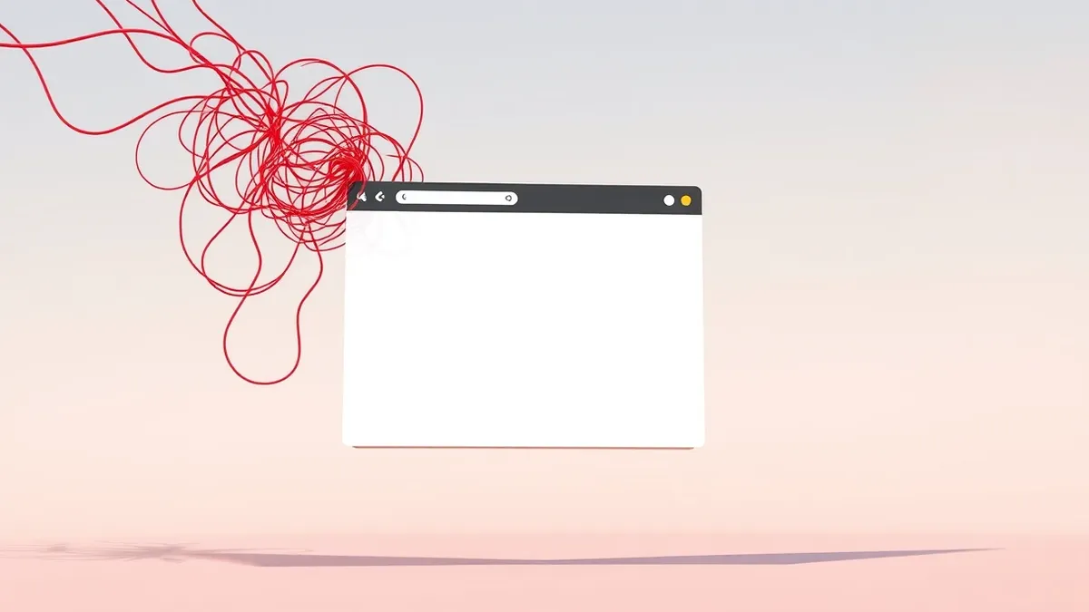 Illustration: A web browser window floats in mid-air with a transparent layer of tangled red wires snaking into its header bar from the background.