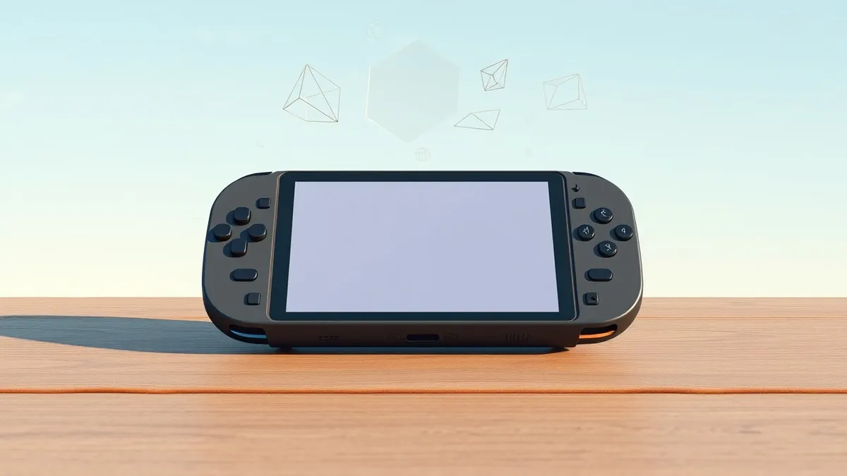 Illustration: A compact handheld gaming device rests on a wooden surface, its blank screen reflecting soft light.