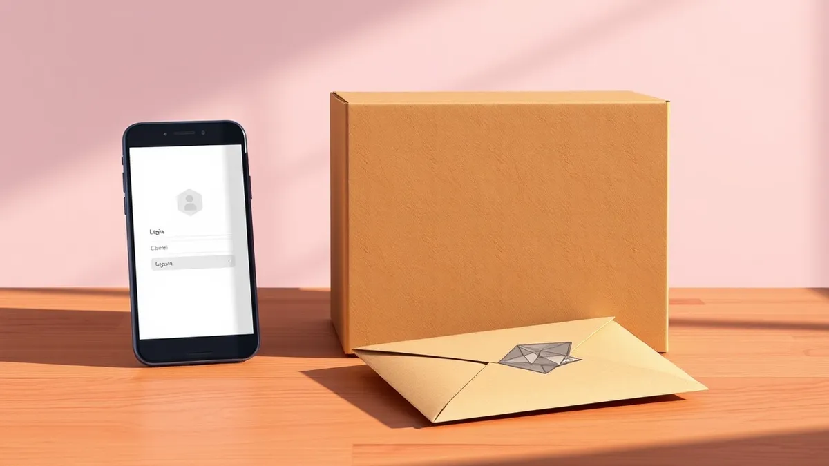 Illustration: A cardboard package sits on a wooden desk beside a smartphone displaying a blank login screen.