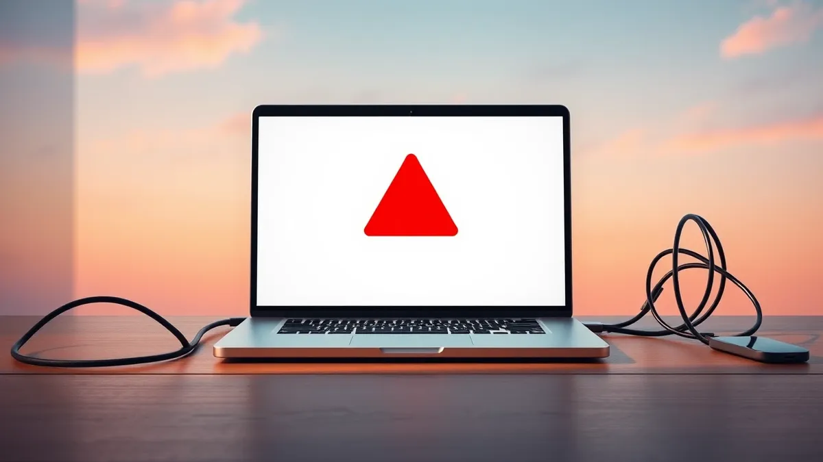 Illustration: A sleek silver laptop sits on a wooden desk, its screen displaying a blank white interface with a single large red warning triangle in the center.