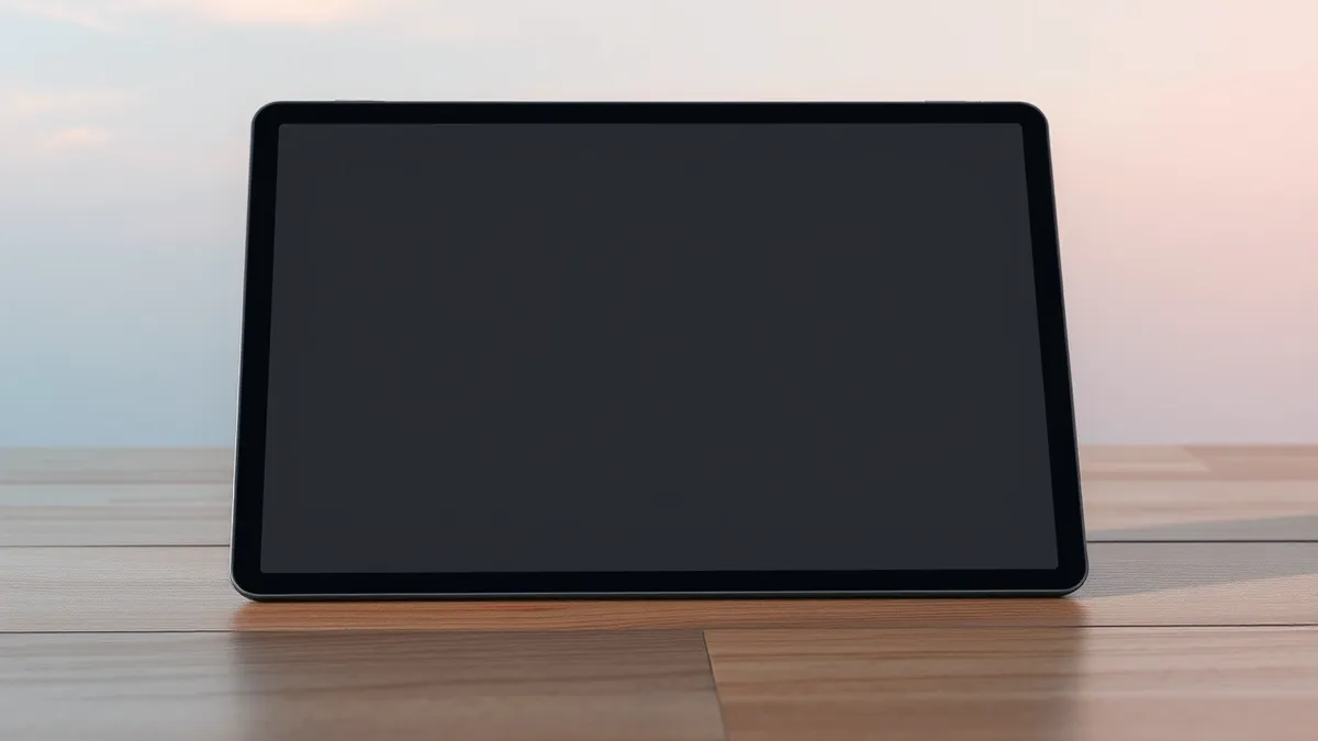 Illustration: A sleek tablet rests on a wooden surface, showcasing a matte screen that reflects no light.