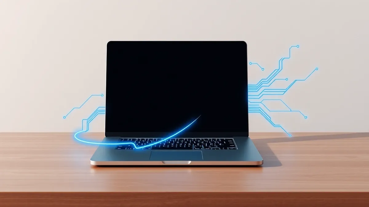 Illustration: A silver laptop rests on a clean wooden desk with its lid open, revealing a blank dark screen.