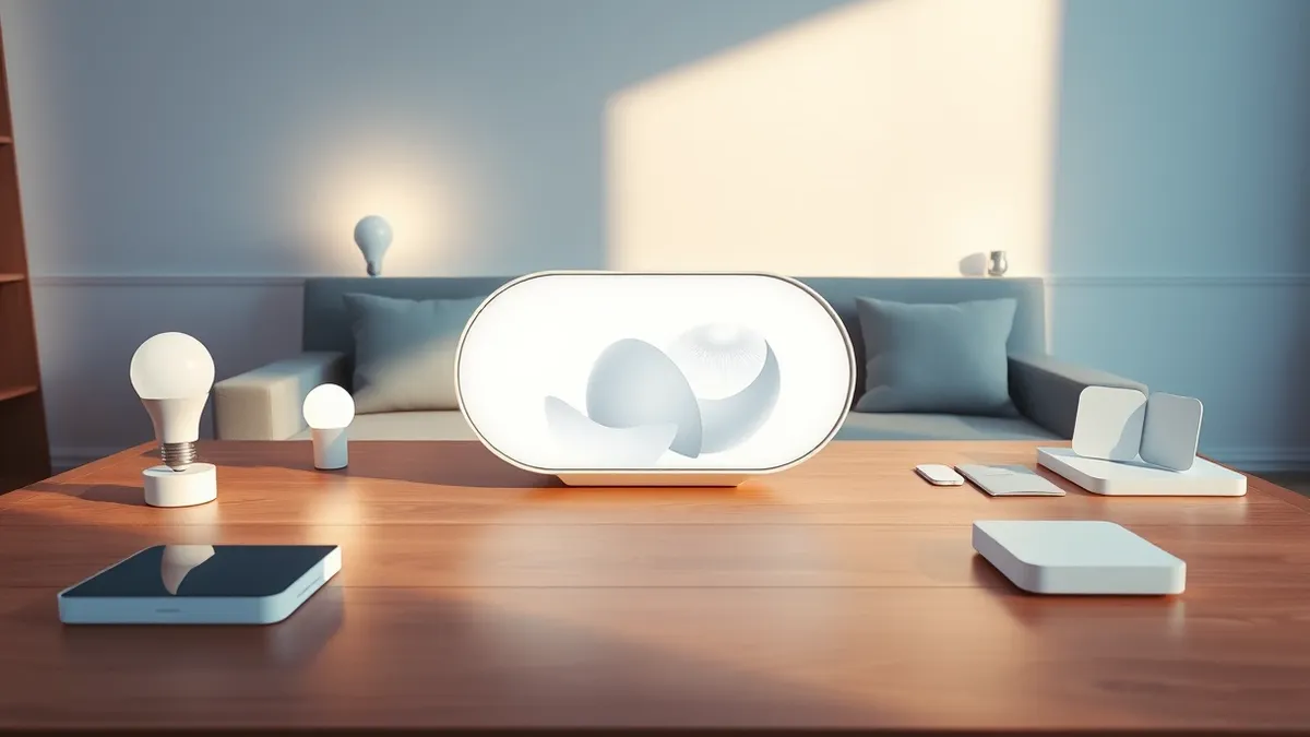 Illustration: A sleek white oval hub sits on a polished wooden table, displaying abstract geometric shapes on its blank screen.