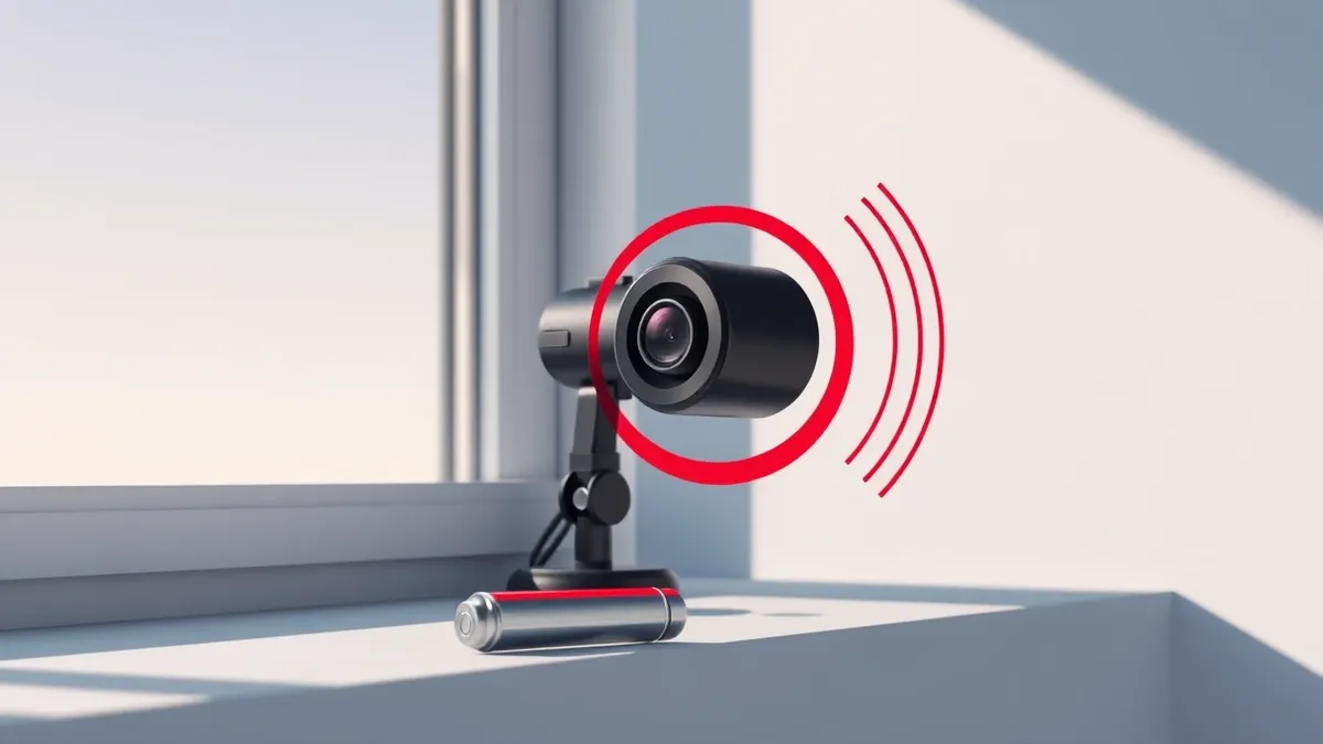 Illustration: A small black security camera sits on a windowsill, its lens facing outward.
