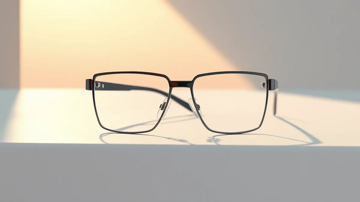 Illustration: A pair of sleek smart glasses rests on a white surface, featuring thick frames and small transparent speakers near the temples.