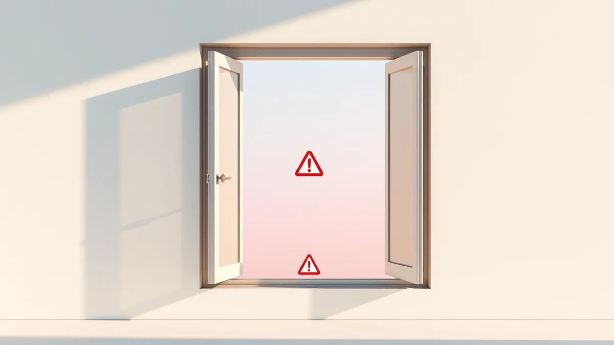 Illustration: An open window frame stands unsecured in a modern wall, with no latch or barrier to close it.