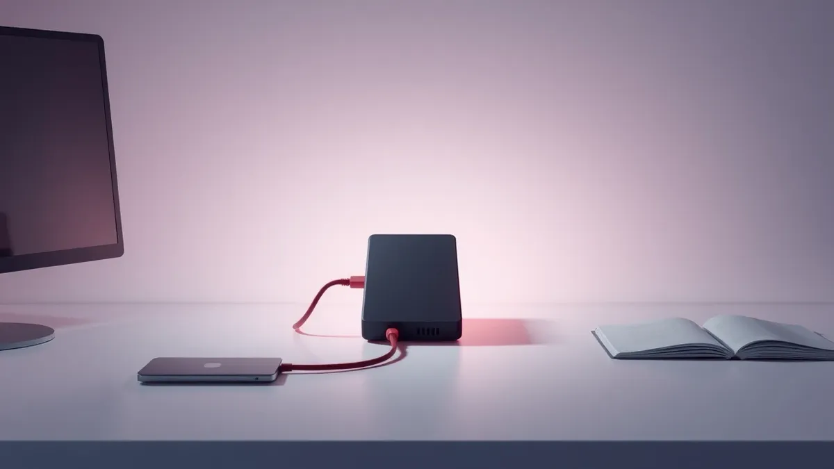 Illustration: A sleek external hard drive sits on a clean desk, its connection cable glowing with ominous red light as data flows inward.