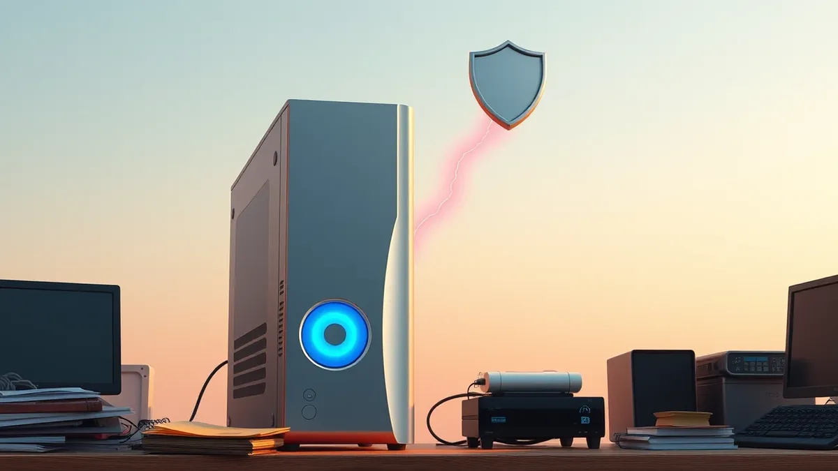 Illustration: A silver desktop tower sits on a cluttered office desk, its power button glowing faintly blue.