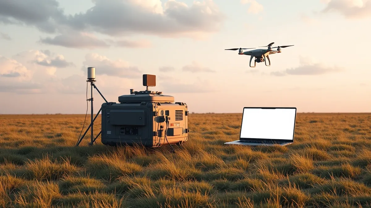 Illustration: A rugged ground station sits on a grassy field beneath a cloudy sky.