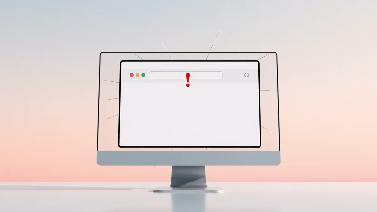 Illustration: A generic web browser window displays a blank white page with a single red exclamation mark icon floating above the address bar.