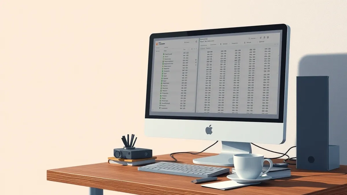 Illustration: A generic desktop computer sits on a wooden desk, its monitor displaying rows of structured data tables in muted grey tones.