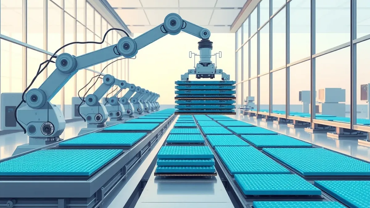 Illustration: A sterile cleanroom floor features a row of automated robots placing bright blue silicon wafers onto moving conveyor belts.