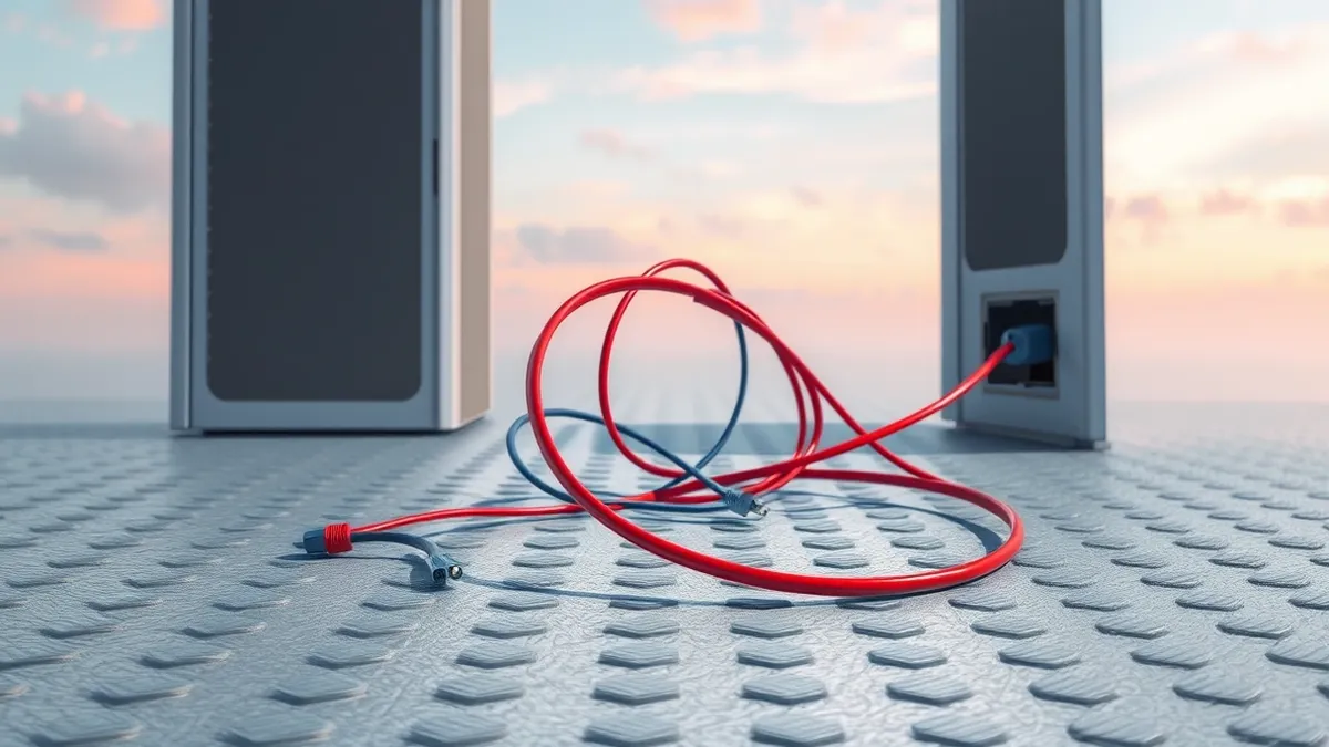 Illustration: A tangled knot of thin red and blue cables lies loosely on a gray metal floor.