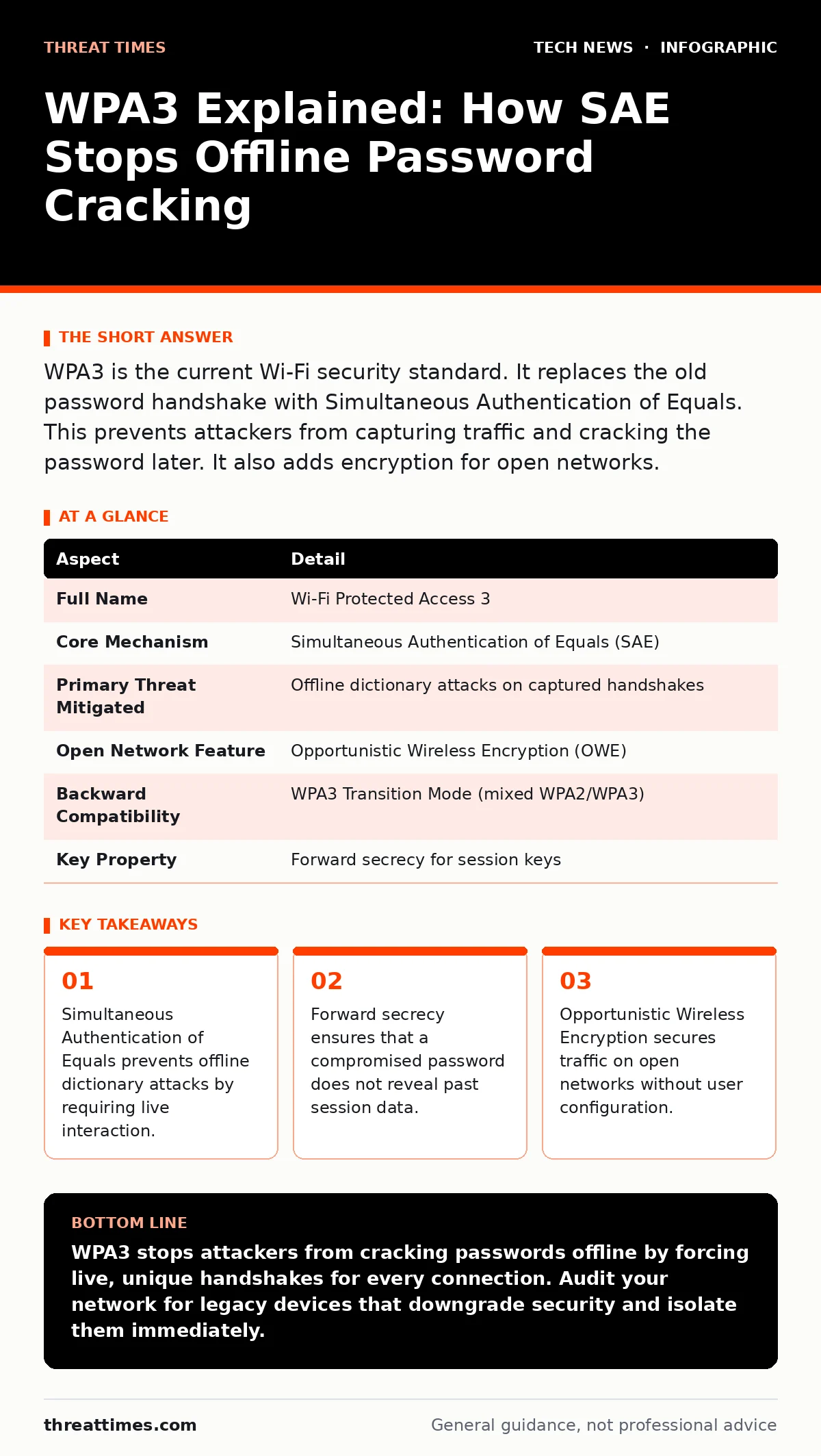 Infographic: WPA3 Explained: How SAE Stops Offline Password Cracking. Simultaneous Authentication of Equals prevents offline dictionary attacks by requiring live interaction. Forward secrecy ensures that a compromised password does not reveal past session data. Opportunistic Wireless Encryption secu