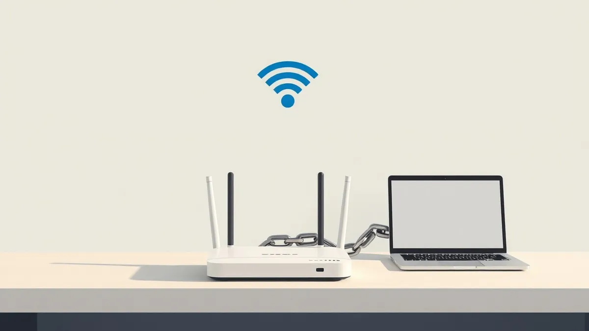 Illustration: A wireless router sits on a desk with a visible Wi-Fi symbol above its antenna.