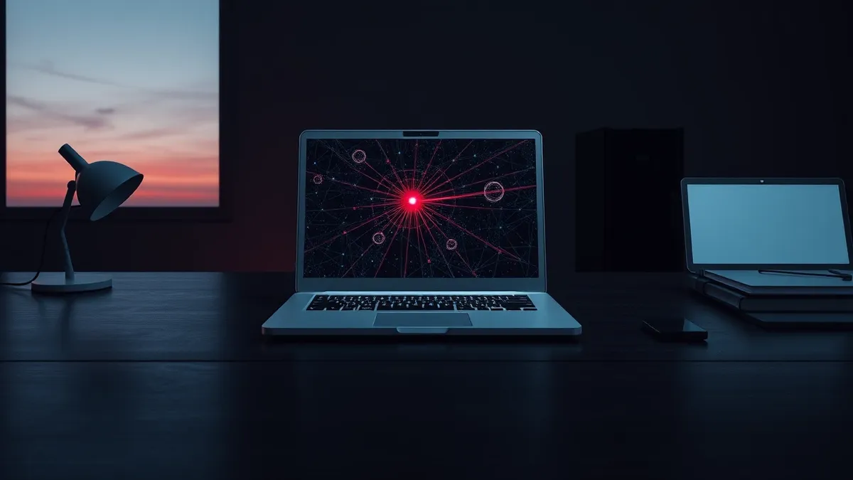 Illustration: A sleek silver laptop sits on a dark wooden desk in a dimly lit office.