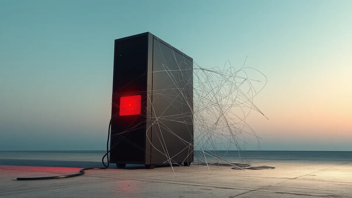 Illustration: A sleek black server tower sits isolated on a concrete floor with its power cable yanked from the back.