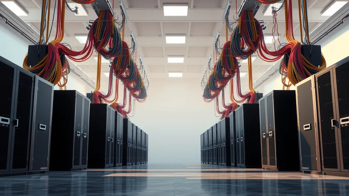 Illustration: A row of sleek black server cabinets sits in a sterile, brightly lit industrial hall.