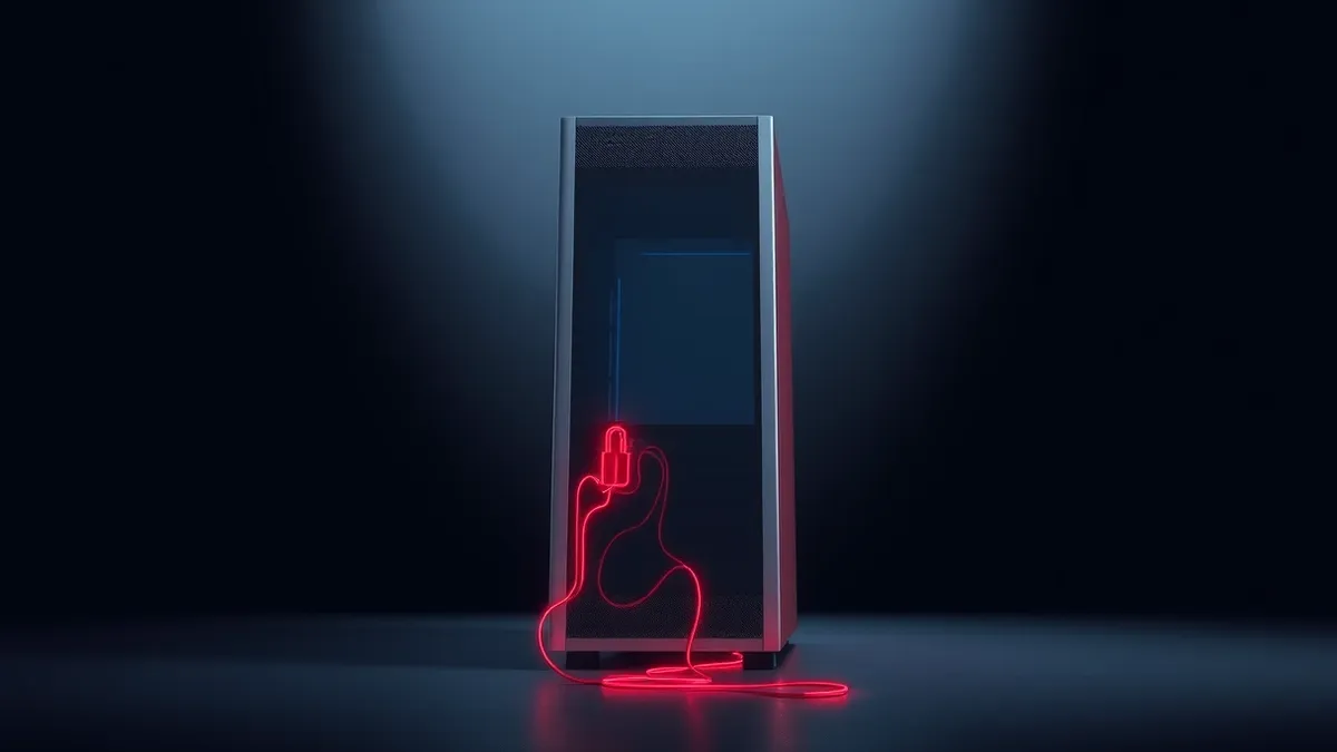 Illustration: A sleek silver server tower sits in a dark room, its blank front panel reflecting faint blue light.