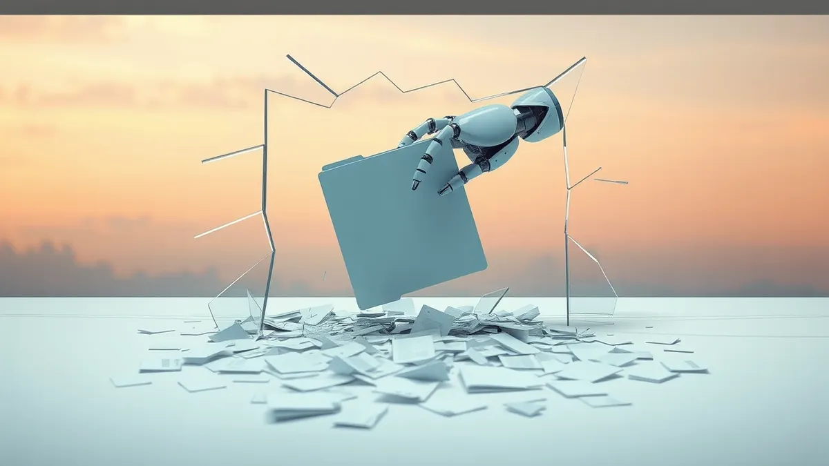 Illustration: A sleek artificial intelligence robot hand reaches through a shattered glass barrier to grasp a file folder.