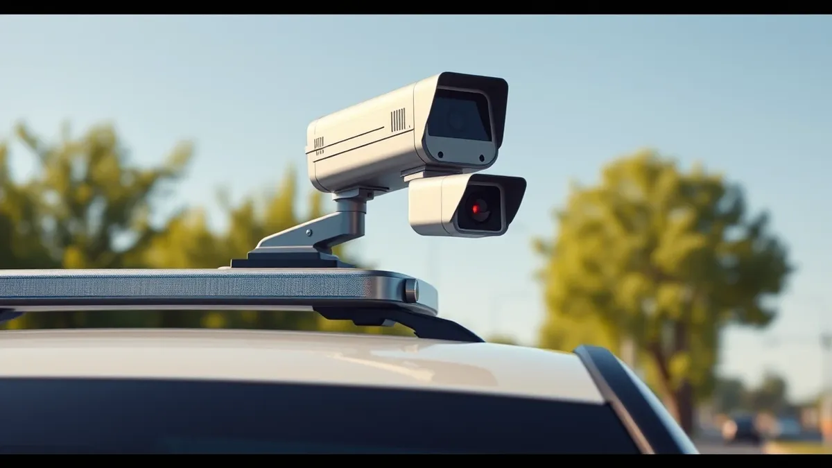 Illustration: A silver automated license plate reader camera mounted on a police cruiser roof captures passing traffic on a sunny street.