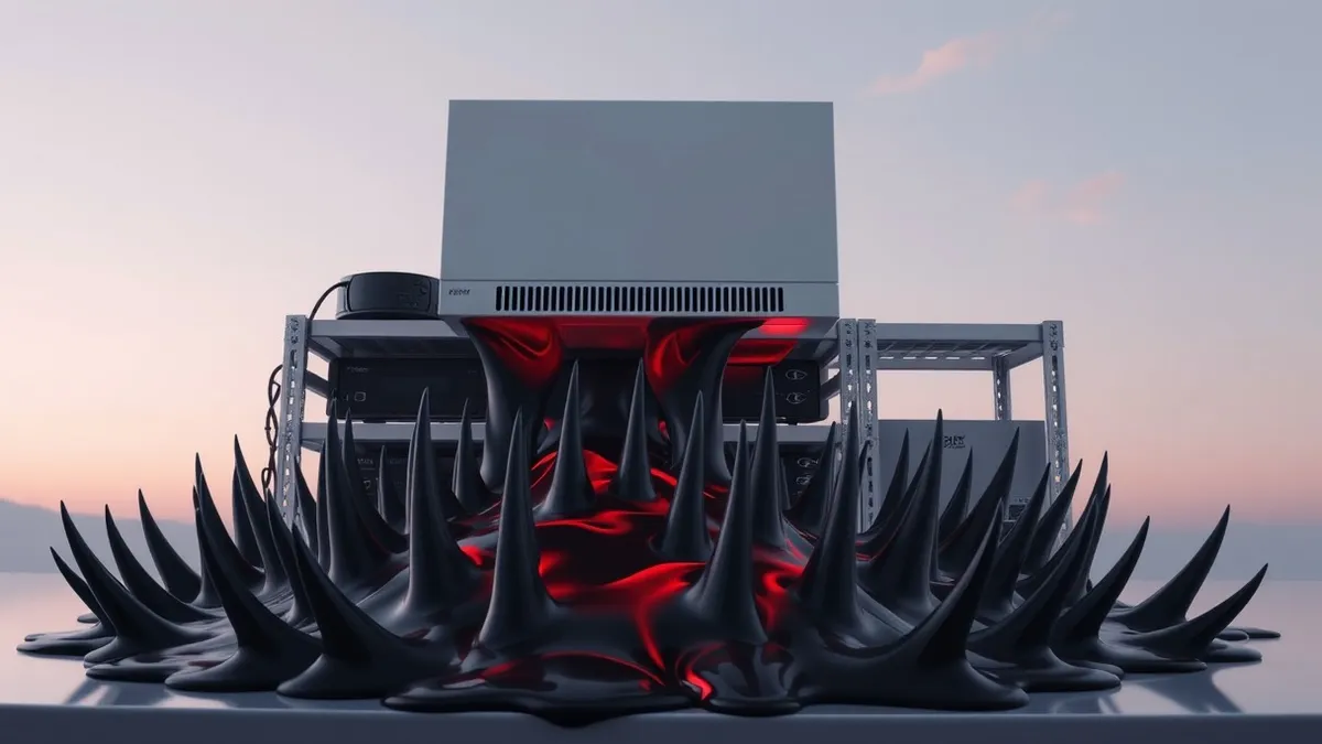 Illustration: A white network security appliance sits on a metal shelf with its blank front panel glowing faintly red.