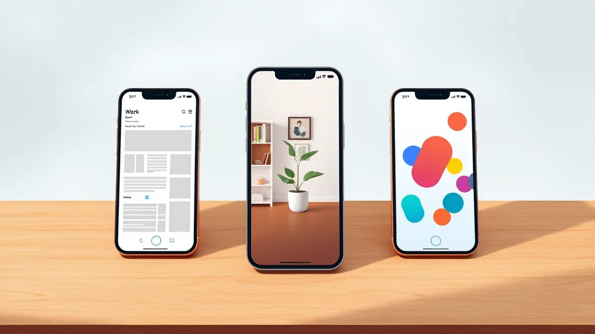 Illustration: Three smartphones rest side by side on a wooden desk.