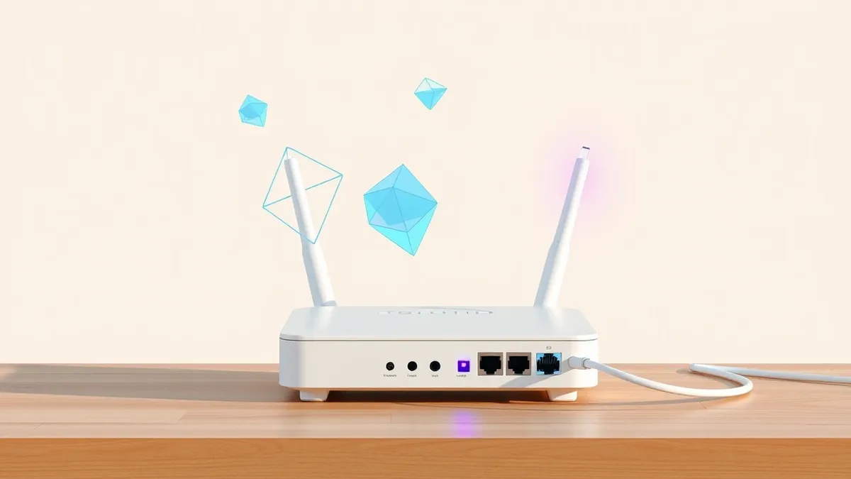 Illustration: A clean, white router sits on a wooden desk with two ethernet cables plugged into its back.