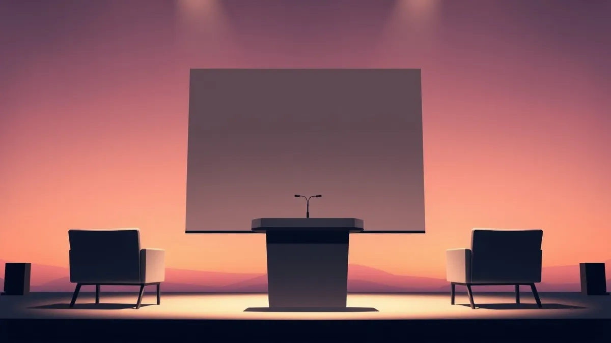 Illustration: A sleek podium stands on a dimly lit conference stage with three empty chairs arranged behind it.