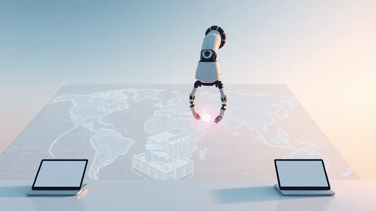 Illustration: A floating robotic arm hovers above a complex three-dimensional wireframe map.