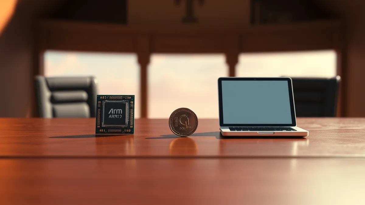 Illustration: A miniature courtroom scene features two distinct microchips resting on a polished wooden table.