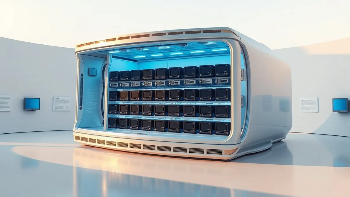 Illustration: A curved supercomputer replica sits in a museum gallery, its metallic frame housing thirty small black rectangular boxes arranged in a dense grid.