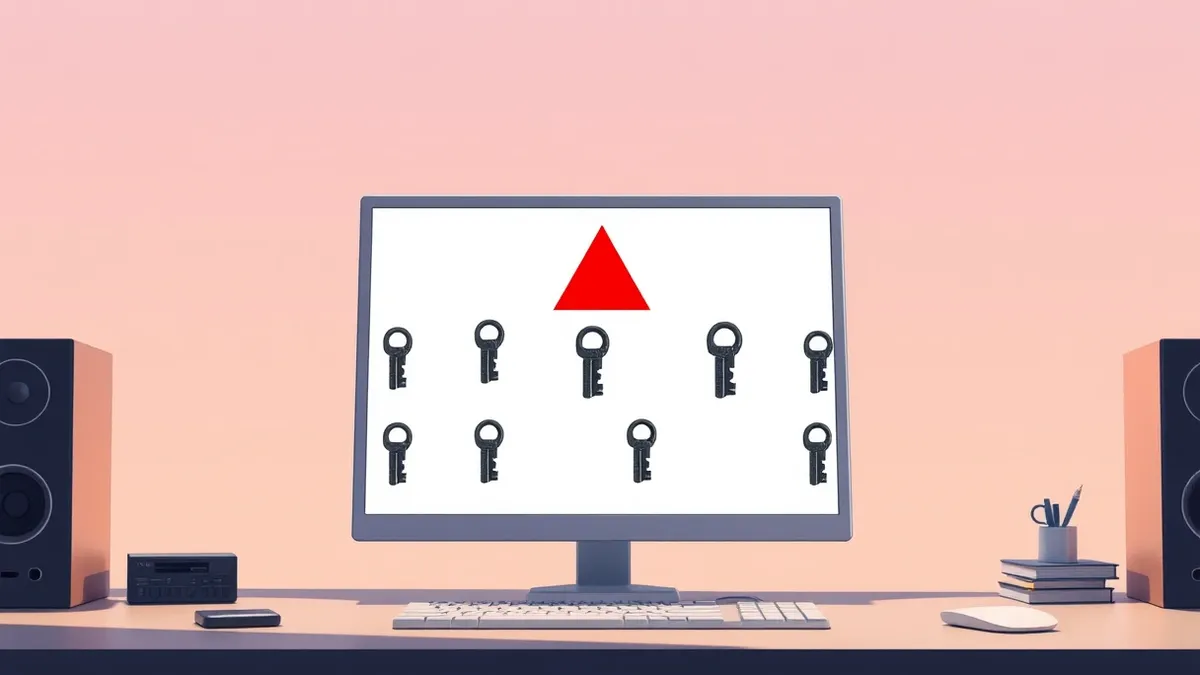 Illustration: A web browser window sits on a desk, displaying a red warning triangle on a blank page.