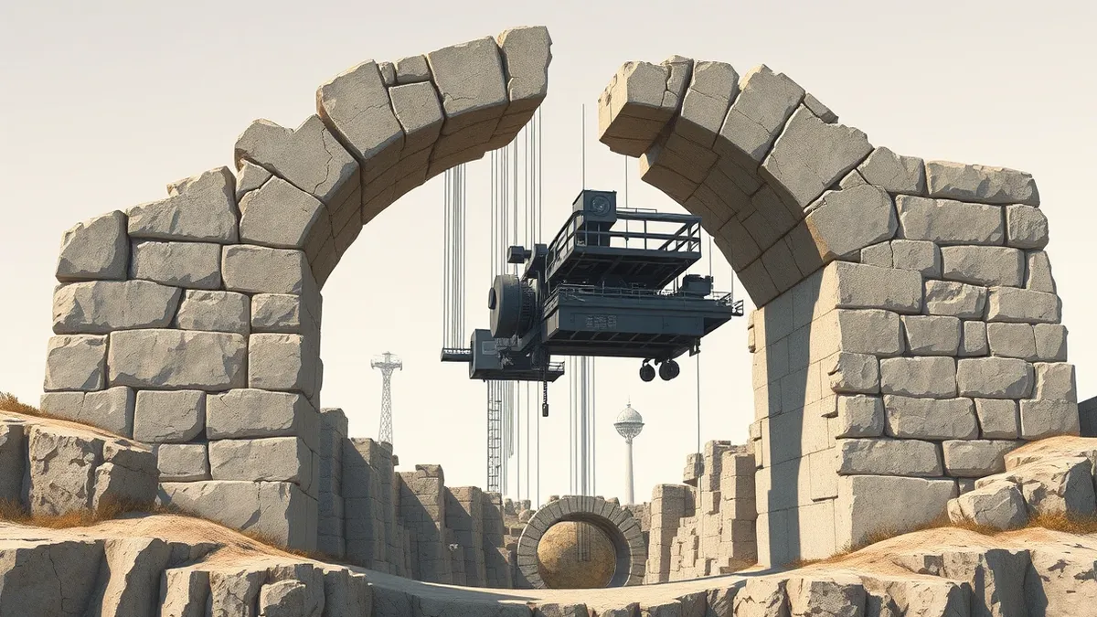 Illustration: A single, worn pair of hands carefully supports a massive, crumbling stone archway.