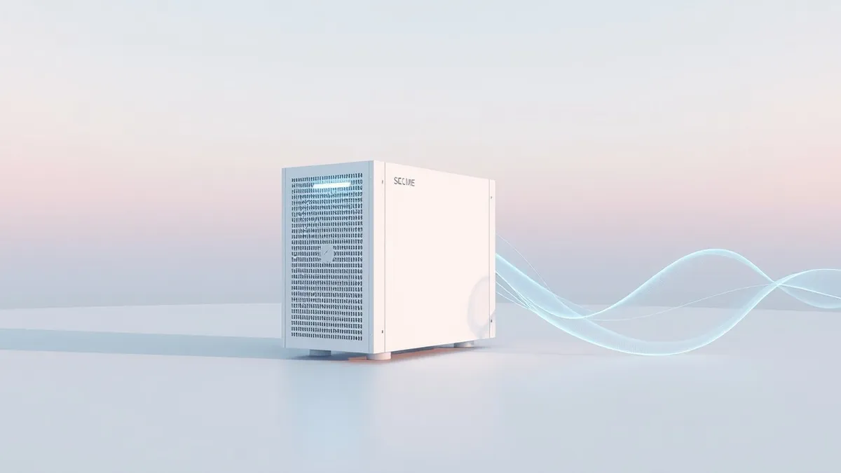 Illustration: A sleek white server node sits isolated on a clean white surface, its ventilation grilles glowing with a soft, cool blue light.